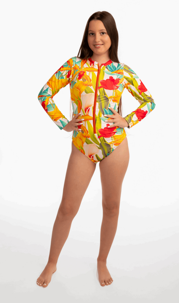 Ladies long-sleeved one-piece swimsuit.